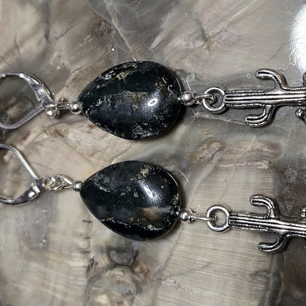 Green Teardrop Stone Earrings with Silver Cactus Charm